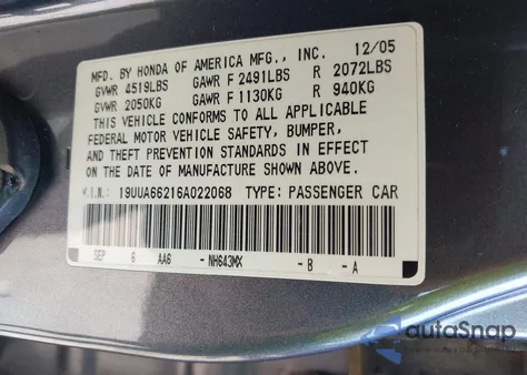 2006 Acura Tl from USA, damaged, VIN 19UUA66216A022068